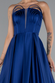 Robe de Soirée Longue Satin Bleu Saxe ABU5105