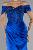 Robe de Soirée Longue Satin Bleu Saxe ABU5130