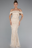 Robe de Soirée Longue Perlé Beige ABU5137