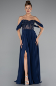 Robe De Soirée Mousseline Longue Bleu Marine ABU3310