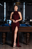Robe de Soirée Longue Squameuse Rouge Bordeaux ABU5135