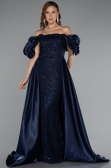 Robe de Soirée Longue Perlé Bleu Marine ABU5154