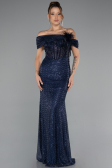 Robe de Soirée Longue Perlé Bleu Marine ABU5183