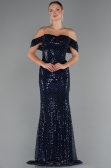 Robe de Soirée Longue Perlé Bleu Marine ABU5239