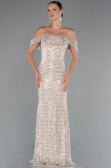 Robe de Soirée Longue Perlé Beige ABU5239