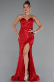 Robe de Soirée Longue Perlé Rouge ABU5292