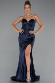Robe de Soirée Longue Perlé Bleu Marine ABU5292