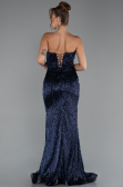 Robe de Soirée Longue Perlé Bleu Marine ABU5292