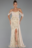Robe de Soirée Longue Perlé Beige ABU5316