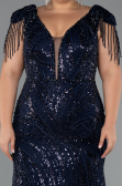Robe de Soirée Grande Taille Longue Perlé Bleu Marine ABU5336