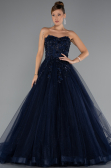 Robe de Fiançailles Design Personnalisé Longue Bleu Marine ABU5344