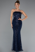 Robe de Soirée Longue Perlé Bleu Marine ABU5363