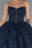 Robe de Fiançailles Design Personnalisé Longue Dantelle Bleu Marine ABU5375