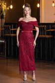 Robe De Soirée Midi Perlé Rouge Bordeaux ABK2453