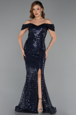Robe de Soirée Longue Perlé Bleu Marine ABU5401