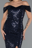 Robe de Soirée Longue Perlé Bleu Marine ABU5401