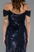 Robe de Soirée Longue Perlé Bleu Marine ABU5401
