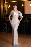Robe de Soirée Longue Perlé Beige ABU5434