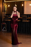 Robe de Soirée Longue Velours Rouge Bordeaux ABU5437
