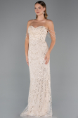 Robe de Soirée Longue Perlé Beige ABU5477