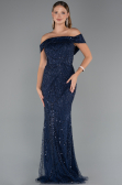 Robe de Soirée Longue Perlé Bleu Marine ABU5492
