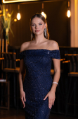 Robe de Soirée Longue Perlé Bleu Marine ABU5492