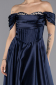 Robe de Soirée Longue Satin Bleu Marine ABU5530