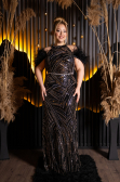 Robe de Soirée Grande Taille Longue Perlé Noir ABU5540
