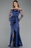 Robe Queue de Poisson Longue Satin Bleu Marine ABU5641