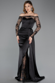 Robe Queue de Poisson Longue Satin Noir ABU5641