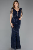 Robe de Soirée Grande Taille Longue Perlé Bleu Marine ABU5336
