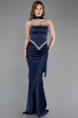 Robe Queue de Poisson Longue Satin Bleu Marine ABU5644