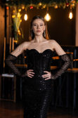 Robe de Soirée Longue Perlé Noir ABU5659