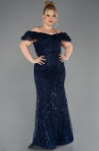 Robe de Soirée Grande Taille Longue Perlé Bleu Marine ABU5548