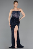 Robe de Soirée Longue Perlé Bleu Marine ABU5696