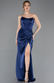 Robe de Soirée Longue Satin Bleu Marine ABU5708