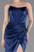 Robe de Soirée Longue Satin Bleu Marine ABU5708