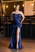 Robe de Soirée Longue Satin Bleu Marine ABU5708