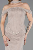 Robe de Soirée Longue Dantelle Vison ABK2548