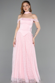 Robe de Soirée Longue Dantelle Poudre ABU5799