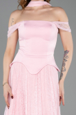 Robe de Soirée Longue Dantelle Poudre ABU5799