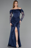 Robe de Soirée Longue Satin Bleu Marine ABU5829