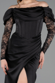 Robe de Soirée Longue Satin Noir ABU5829