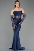 Robe Queue de Poisson Longue Satin Bleu Marine ABU5888