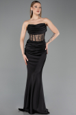 Robe Queue de Poisson Longue Satin Noir ABU5888
