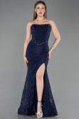 Robe de Soirée Longue Dantelle Bleu Marine ABU5892