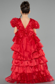 Robe de Soirée Enfants Devant Court Dos Long Satin Rouge ABO131