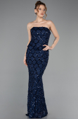 Robe de Soirée Longue Squameuse Bleu Marine ABU5916