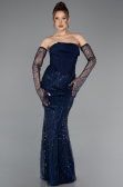 Robe de Soirée Longue Perlé Bleu Marine ABU5922