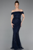 Robe de Soirée Longue Perlé Bleu Marine ABU5915